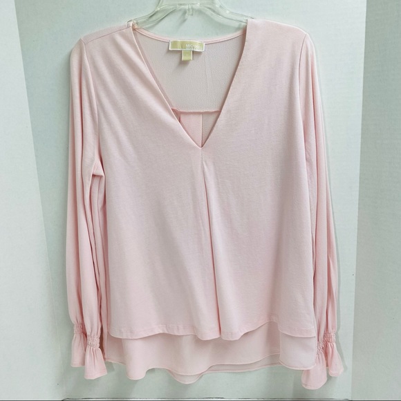 Michael Michael Kors Pink long sleeve pullover v neck smocked cuffs medium flowy - Picture 1 of 12